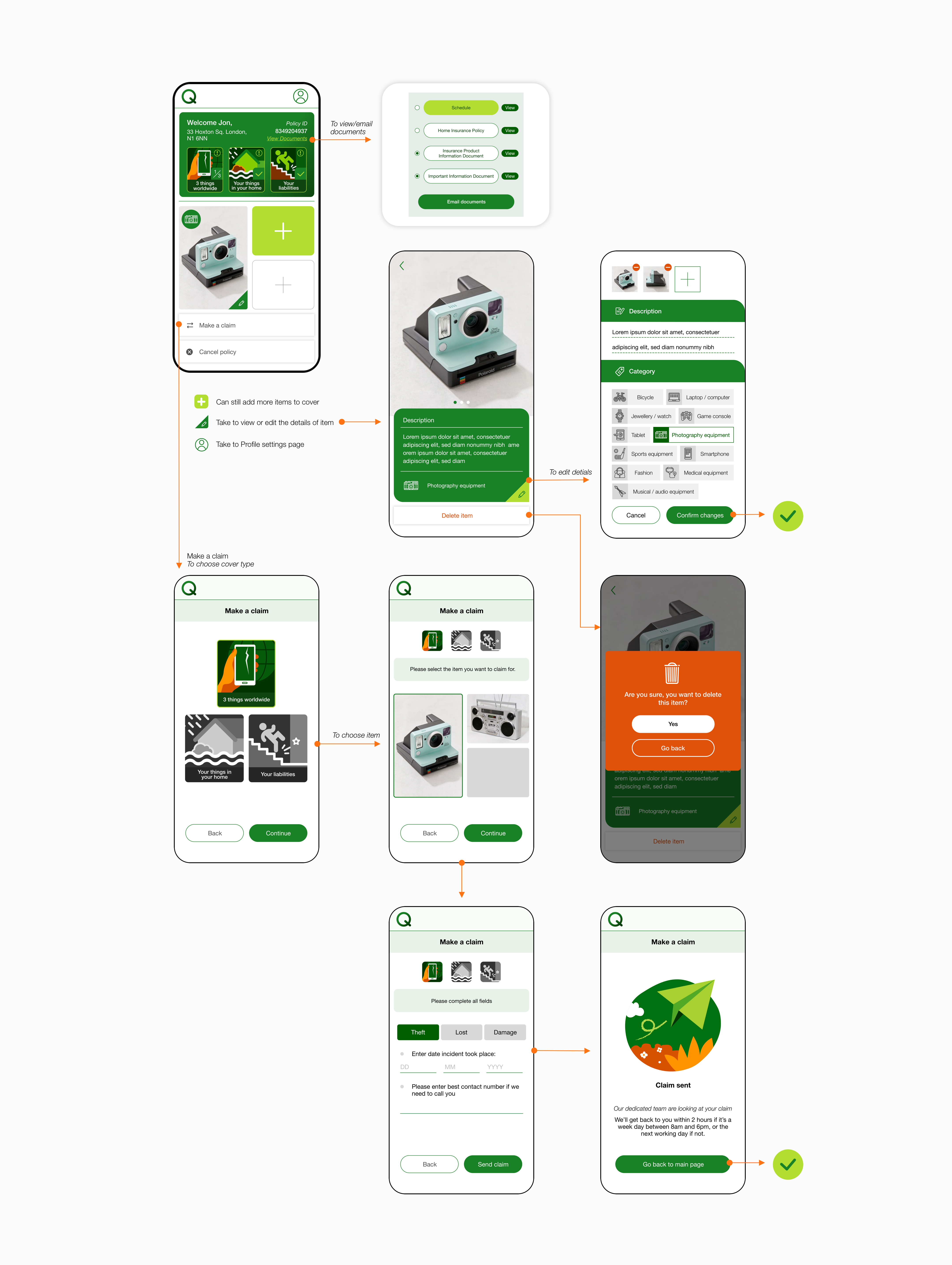 Screens for managing cover, items, and a claim